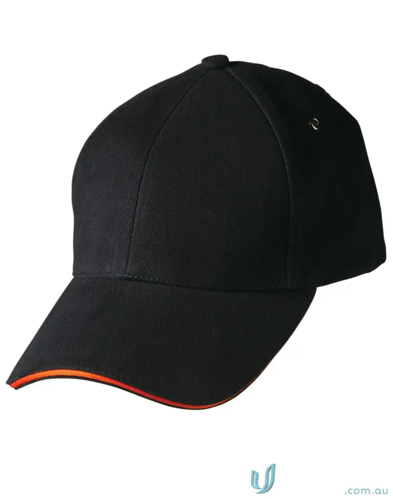Black Sandwich Peak Cap with orange trim and tuck-in fabric strap showing winning spirit Sandwich