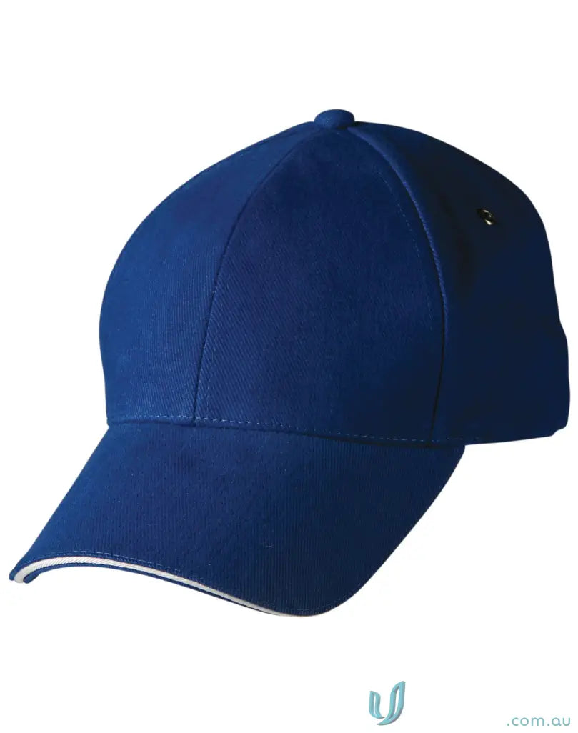 Blue Sandwich Peak Cap with white trim and tuck-in fabric strap for a winning spirit