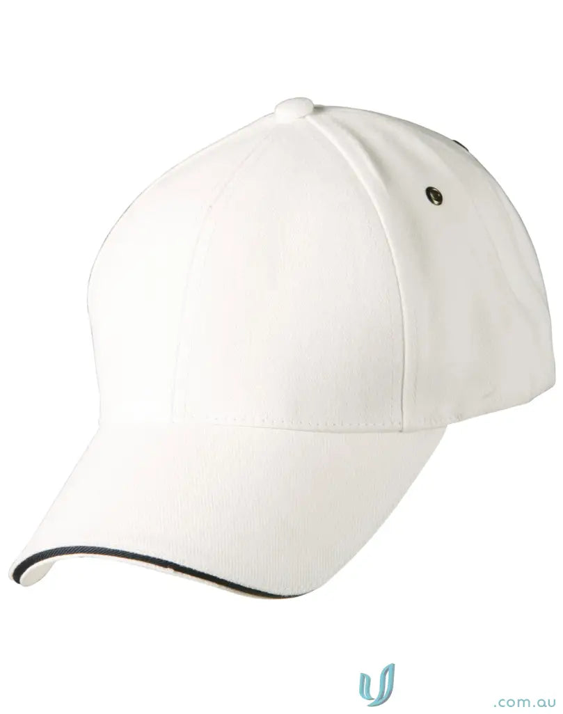 White Sandwich Peak Cap with black trim and tuck-in fabric strap for a winning spirit