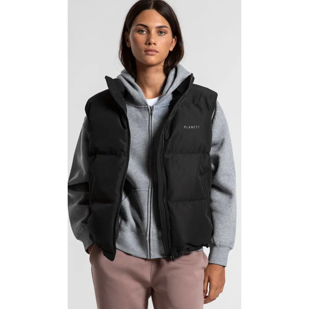 Sarah puffer vest in black and gray with hood and logo