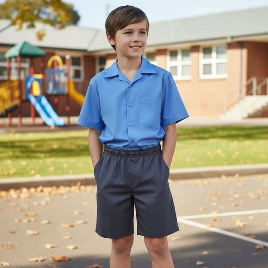 Casual royal blue button-down shirt with dark gray boys school shorts