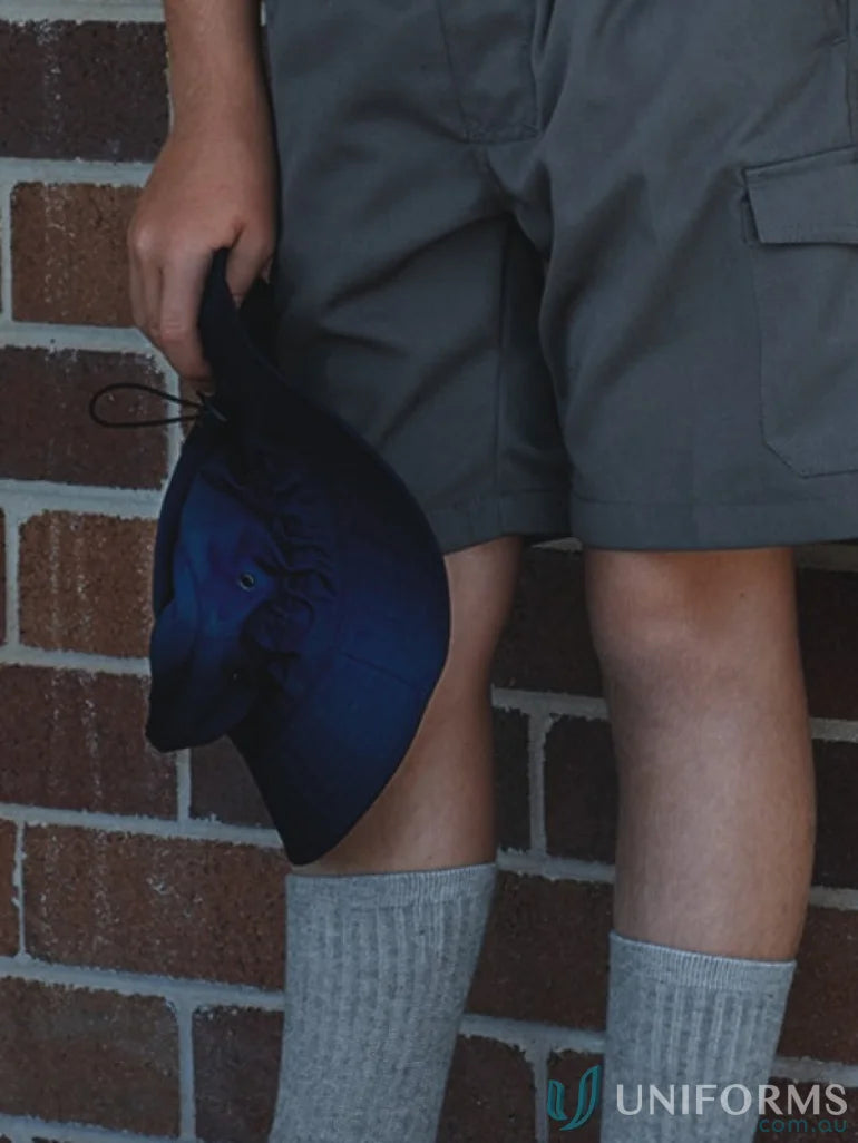 Blue bucket hat with soft crown perfect for school uniforms or casual looks