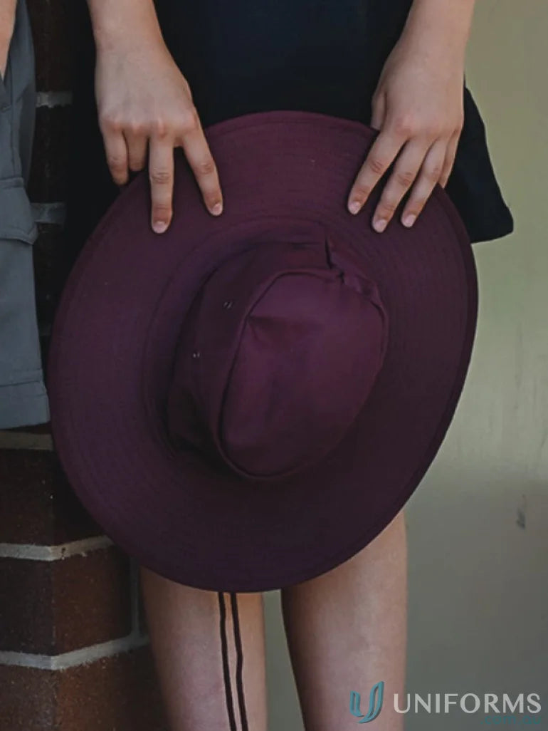 Maroon school wide brim hat with a stylish wide brim for sunny days