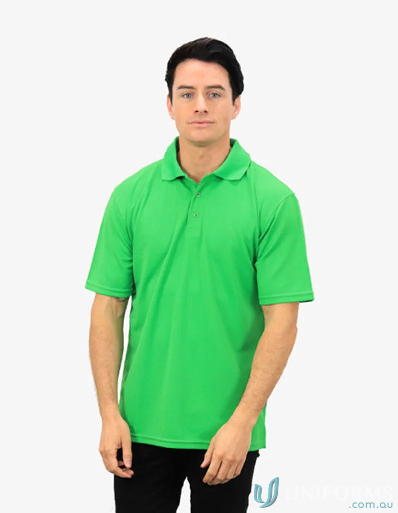 Man in green Scorpion Polo shirt with cooldry moisture management tech for comfort