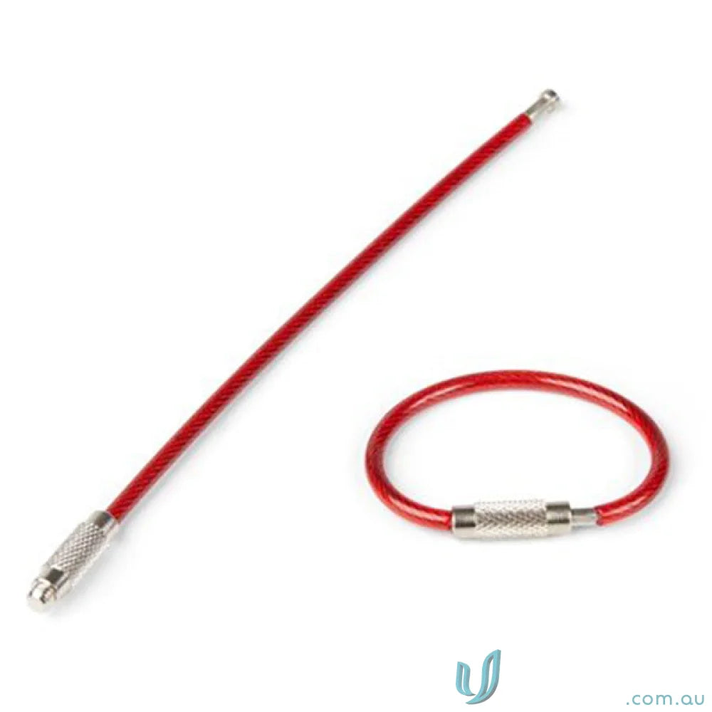 Red wire keychains with screw locks showing gripps® screwlock cable for secure grip
