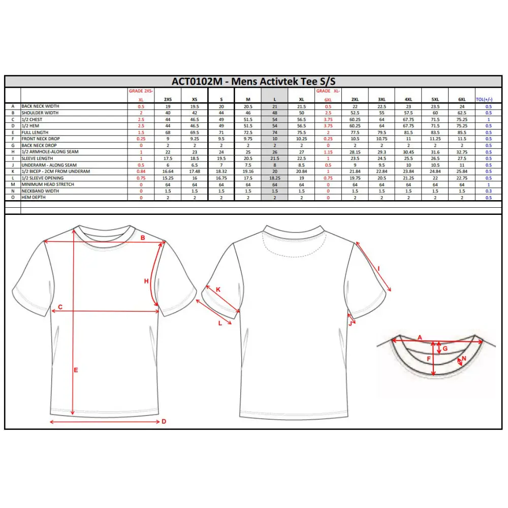 SCYC adult training tee in red and white design with size chart