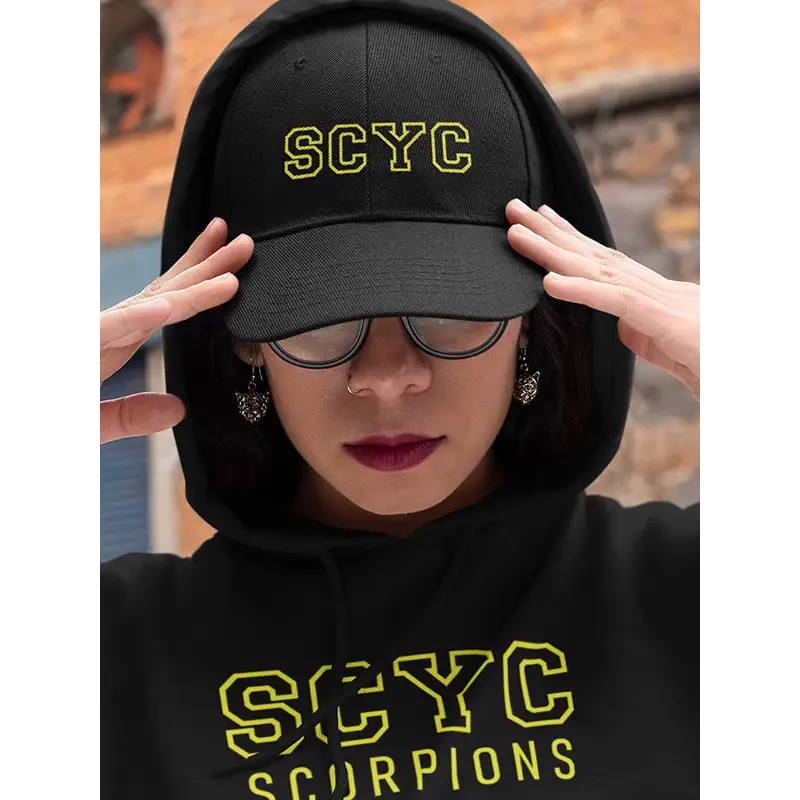 Scyc Emb Black Cap with black and yellow scyc scorpions design