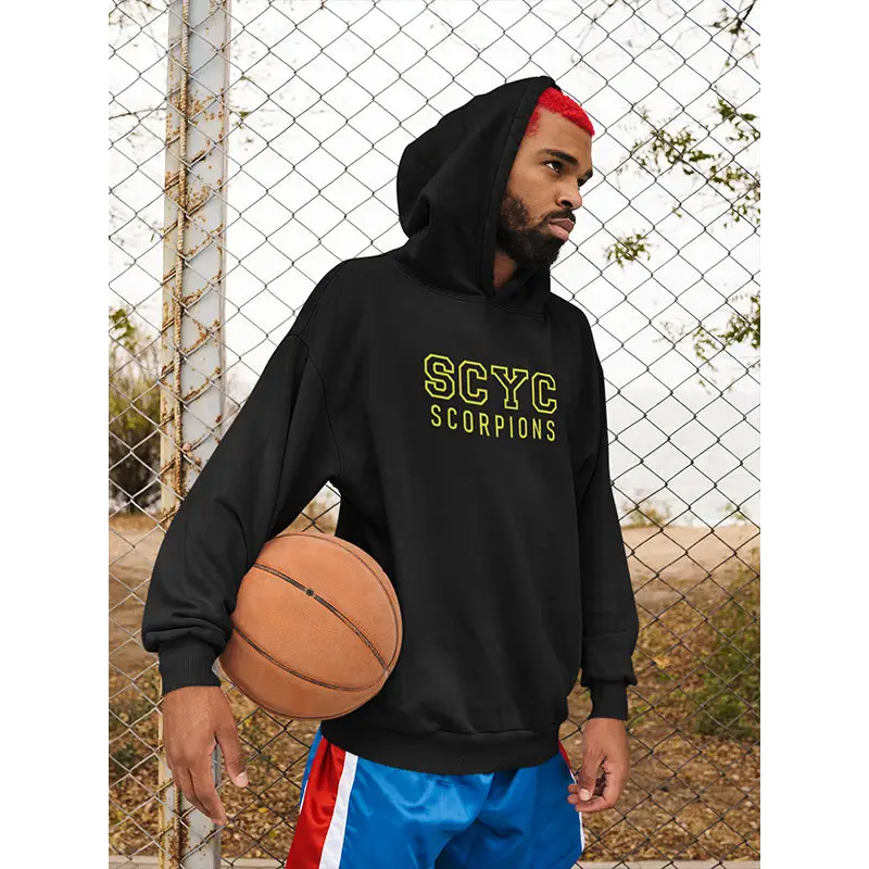 SCYC Mens EMB black traditional fleecy hoodie with yellow green scyc scorpions text