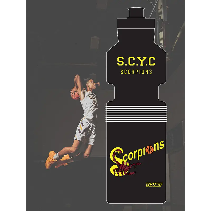 SCYC 750ml sports bottle with black yellow scorpion logo, clear view strip, leak proof screw