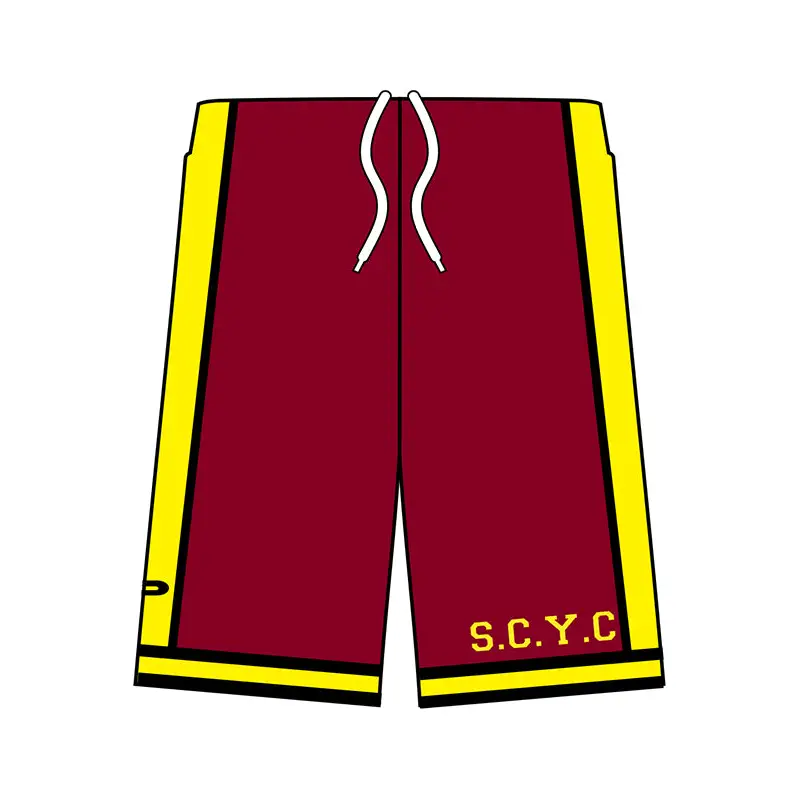 SCYC unisex shorts in maroon and yellow with s.c.y.c logo from Croydon South
