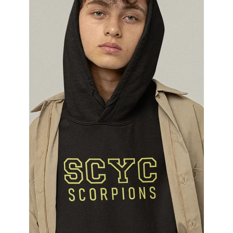 Black hoodie with yellow lettering.