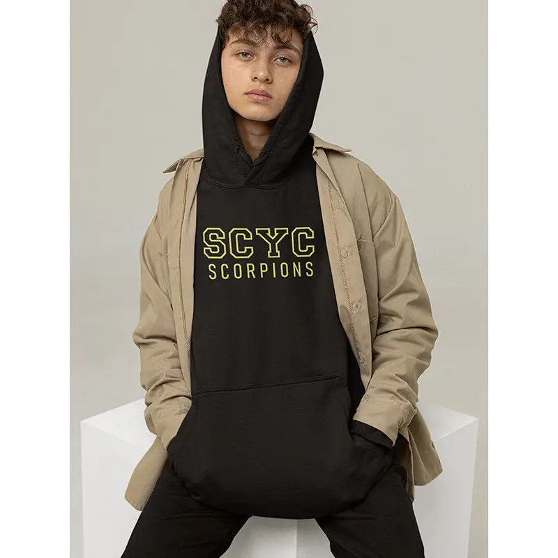 SCYC Youth EMB Hoodie: black traditional fleecy hoodie with yellow Scyc Scorpions text