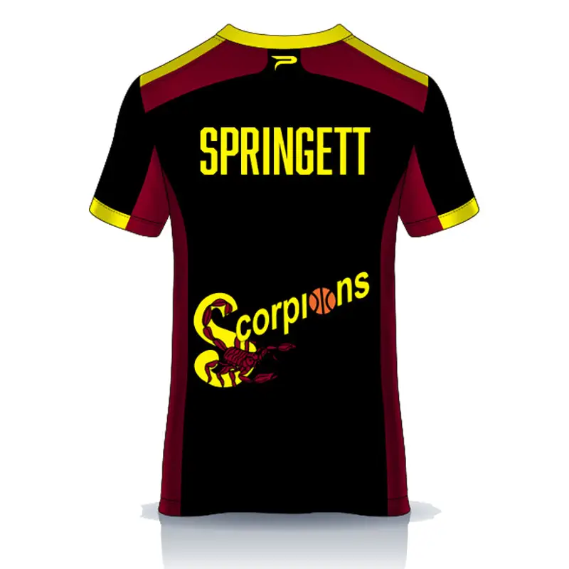 Back of black SCYC youth training tee with maroon yellow accents springett lettering and scorpion logo, perfect for work uniforms