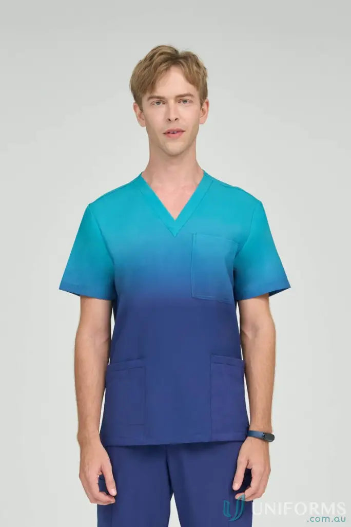 Men’s sea blue inclusive ombre scrub top with V-neck and pockets from Sea Blue Collection