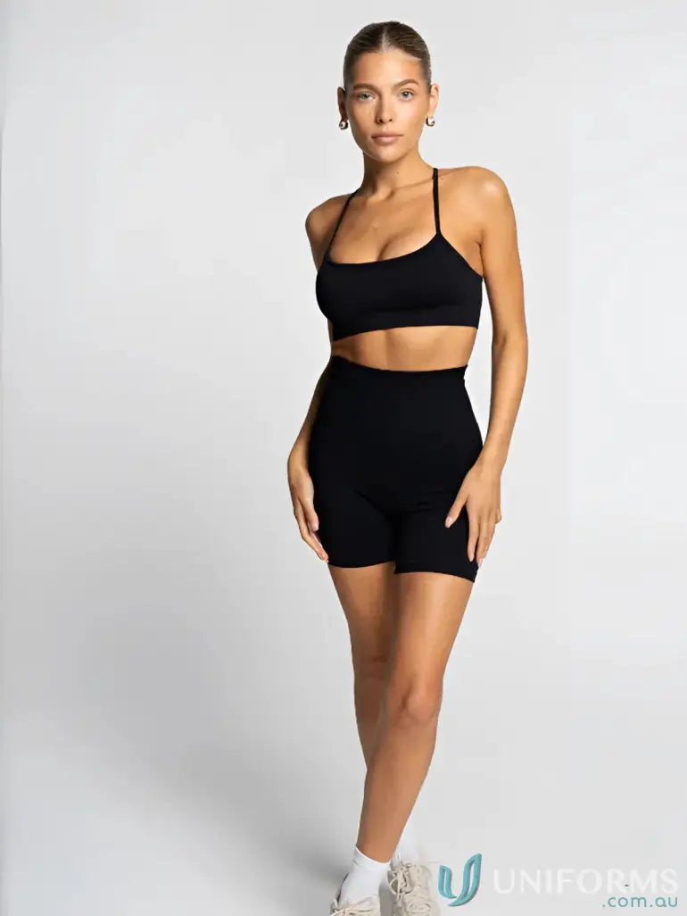 Black athletic set with flattering scoop neckline from Seamless Onyx Active Crop