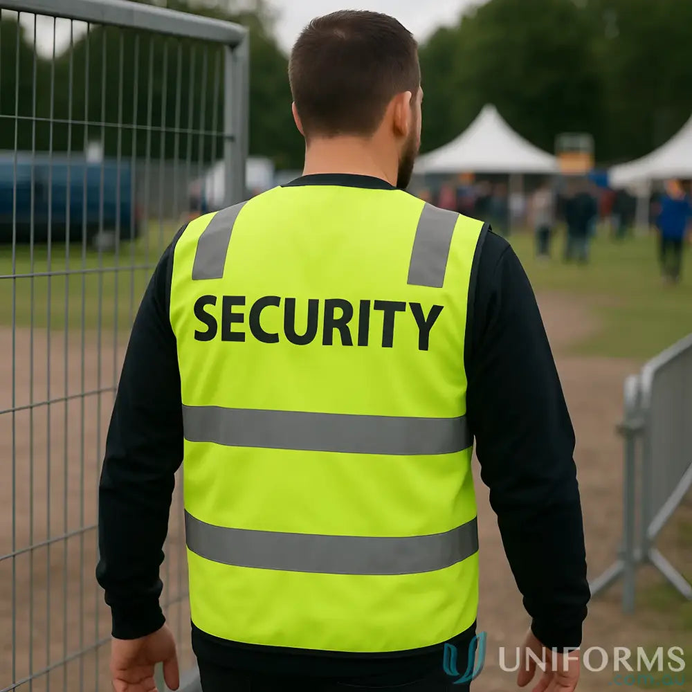 Extra large fluorescent yellow security vest with reflective strips for Australian standards work uniforms