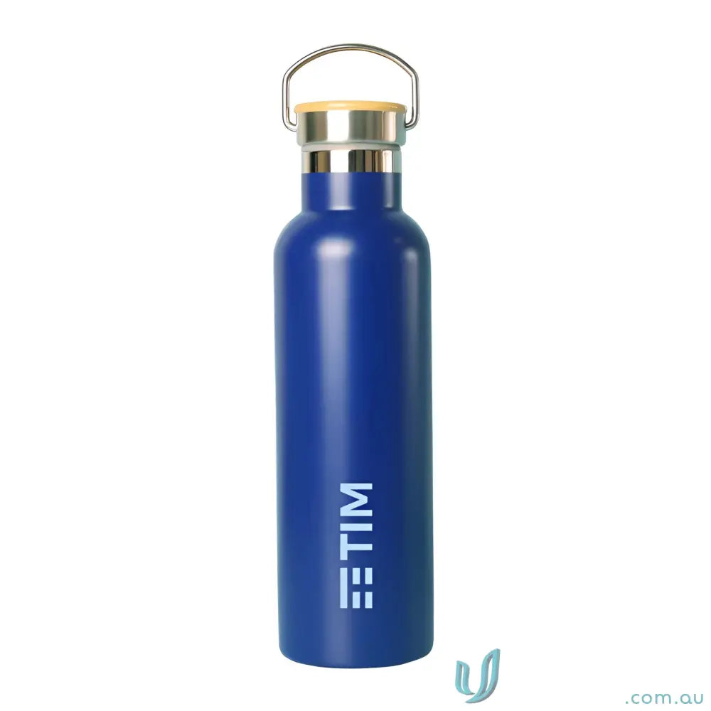 Blue stainless steel Shadow 750ml insulated water bottle with twist-off wooden cap