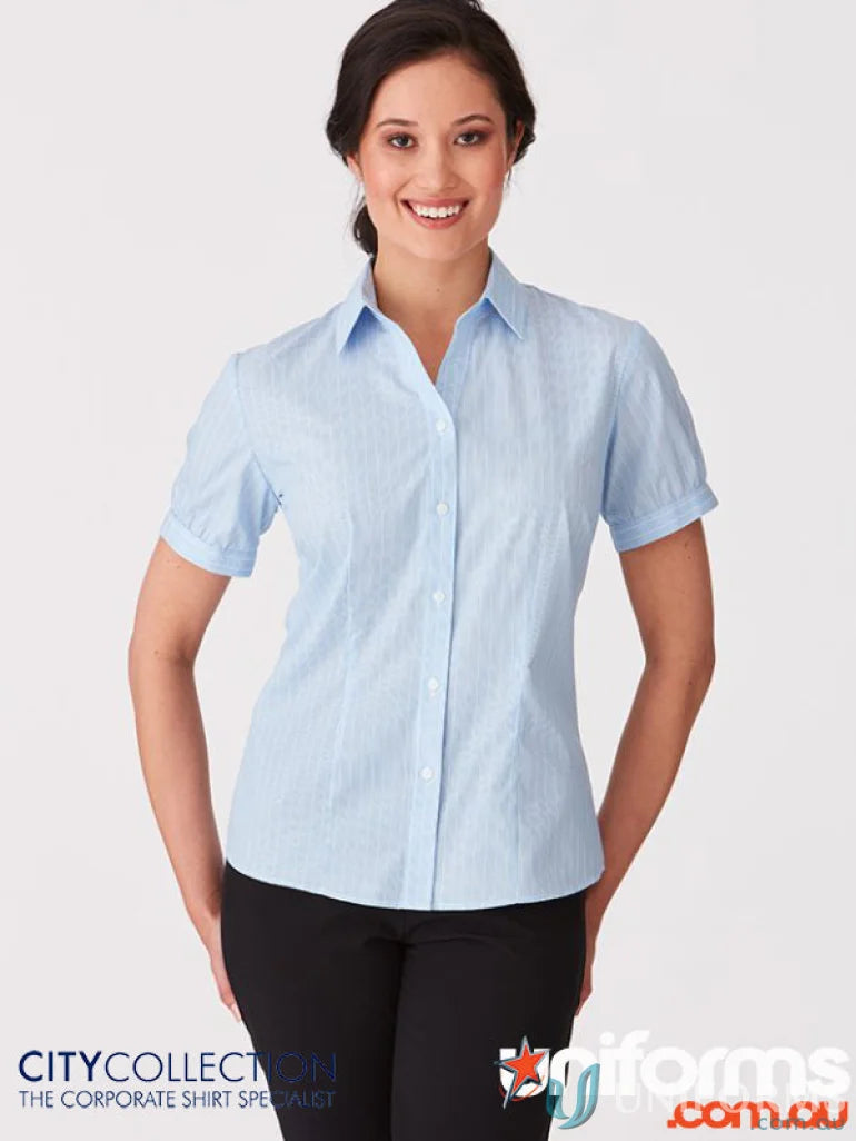 Light blue shadow stripe cap sleeve shirt perfect for stylish uniforms