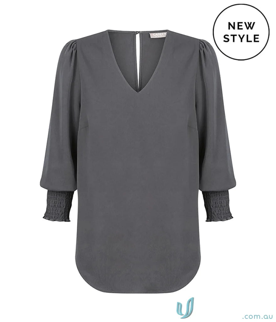 Gray V-neck blouse with shirred cuffs, perfect for stylish neck shirred looks