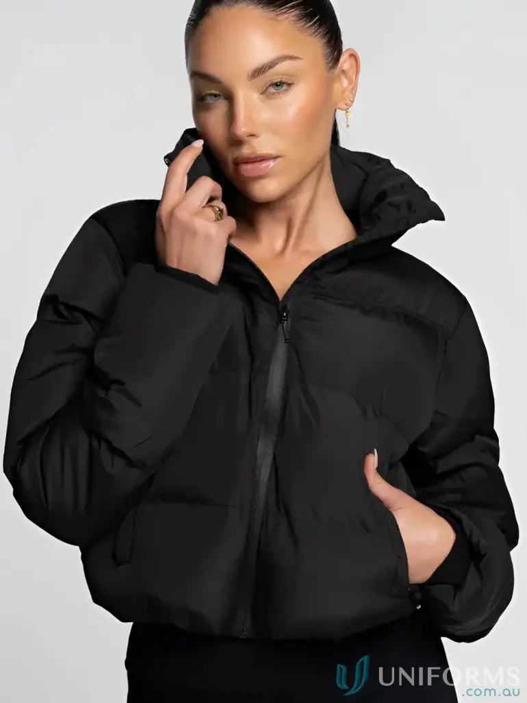 Ladies short black puffer jacket perfect for the ultimate winter style
