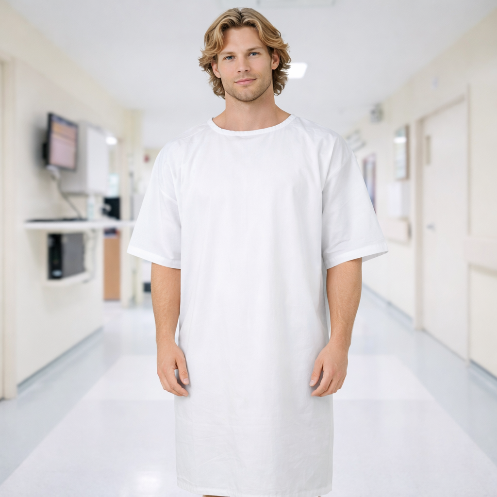 White short-sleeve patient gown for aged care facilities