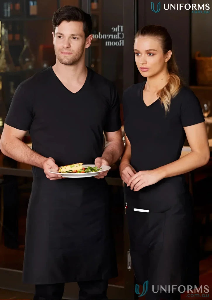 Matching black short waist apron set in spirit short waist cotton twill apron style