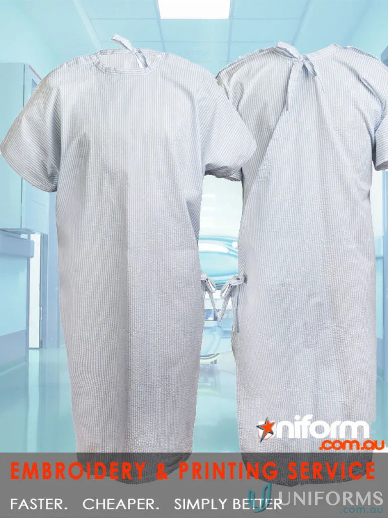 Striped patient gown with shoulder studs, seersucker fabric to stay cool in style