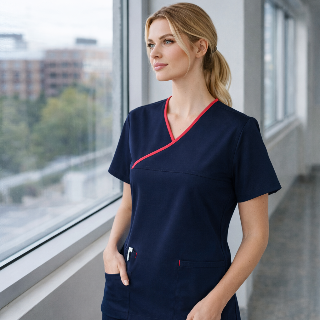 Sien womens contrast scrub top in navy with red trim