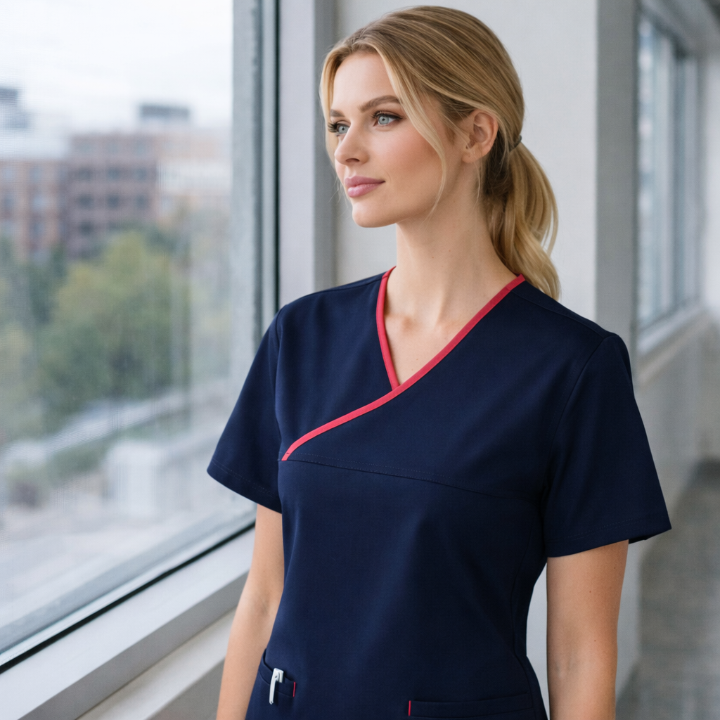 Sien Contrast Ladies scrub top: navy womens contrast scrub with red trim