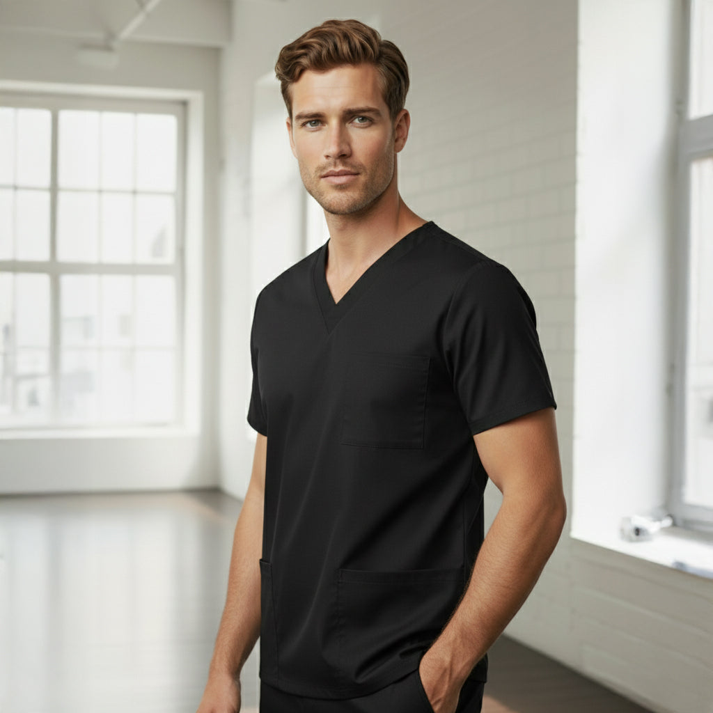 Black Biz Collection Unisex classic scrub top with soft cotton and ribbed V-neck
