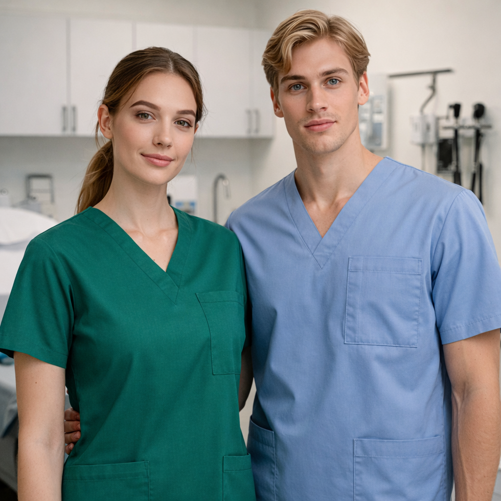 Biz collection unisex classic scrub natural stretch top in green and blue