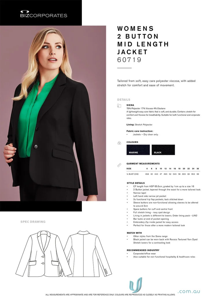 Women’s Siena Mid Length Jacket showcasing a stylish two-button design for client-facing roles