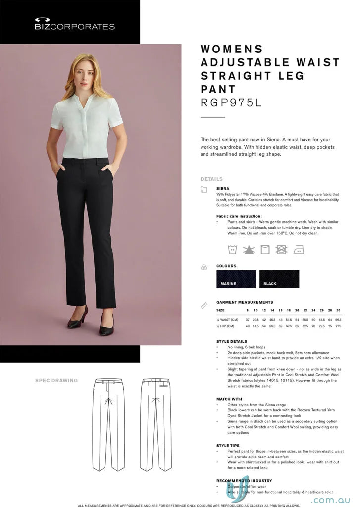 Women’s Siena Adjustable Waist Pant with straight leg fit, RG975L waist pant style