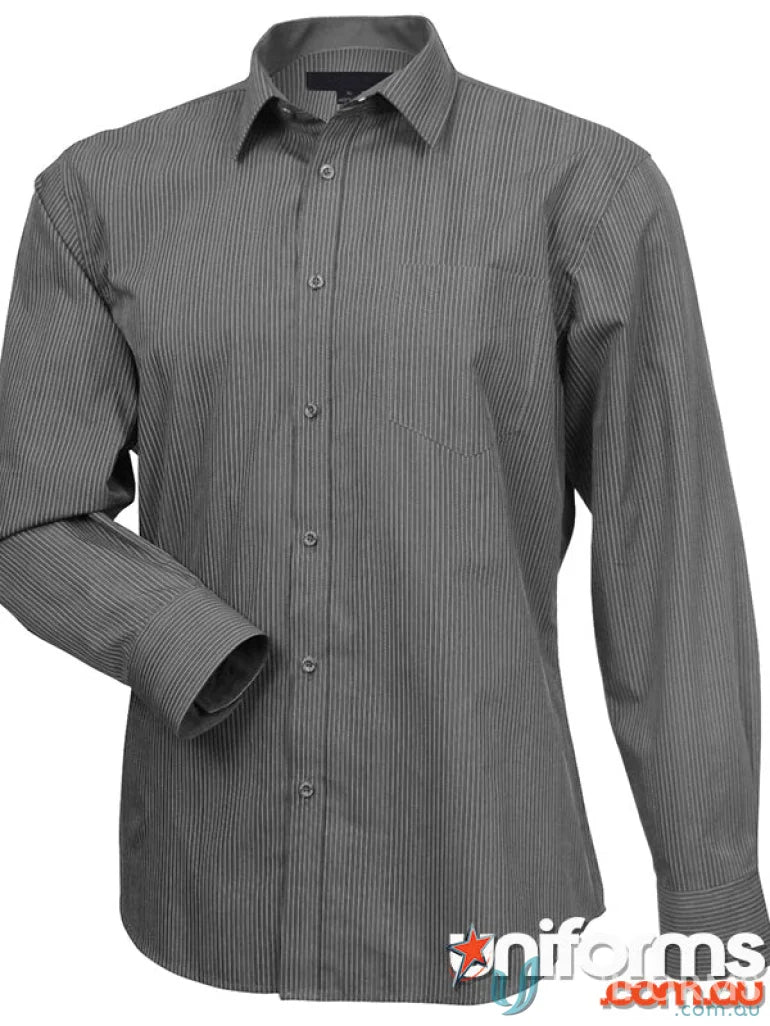 Men’s charcoal grey pinstriped SilverTech LS Shirts with button-down front, cool dry®