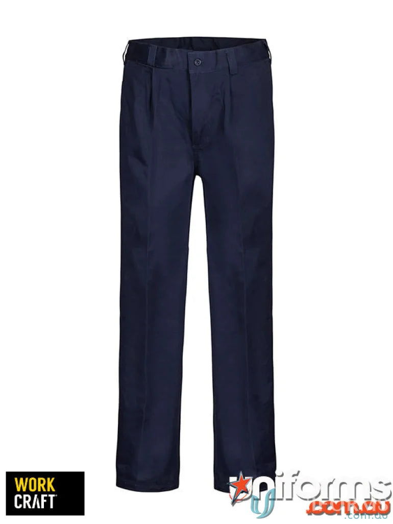 Navy blue pleated cotton pant with reinforced stress points and workcraft single pleat design