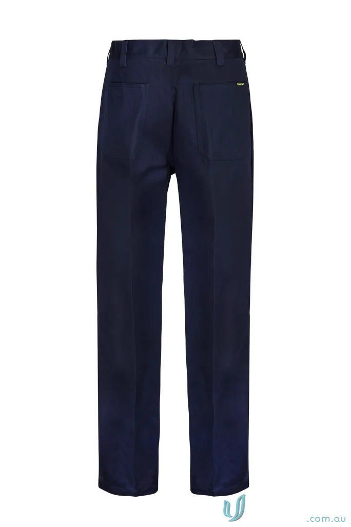 Navy blue single pleat cotton pant with reinforced stress points for workcraft style