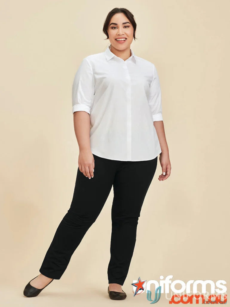 Woman in white button-down shirt and black pants wearing Slim Leg Traveller stretch chino pant RGP263L