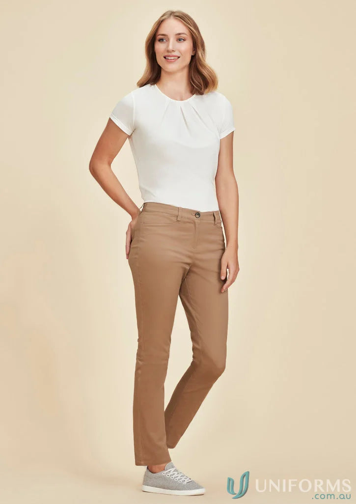 Woman in tan stretch chino pant showcasing Slim Leg Traveller RGP263L style