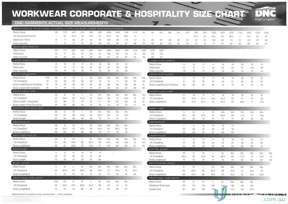 Clothing size chart for SlimFlex Tradie Cargo Shorts with cargo shorts pockets