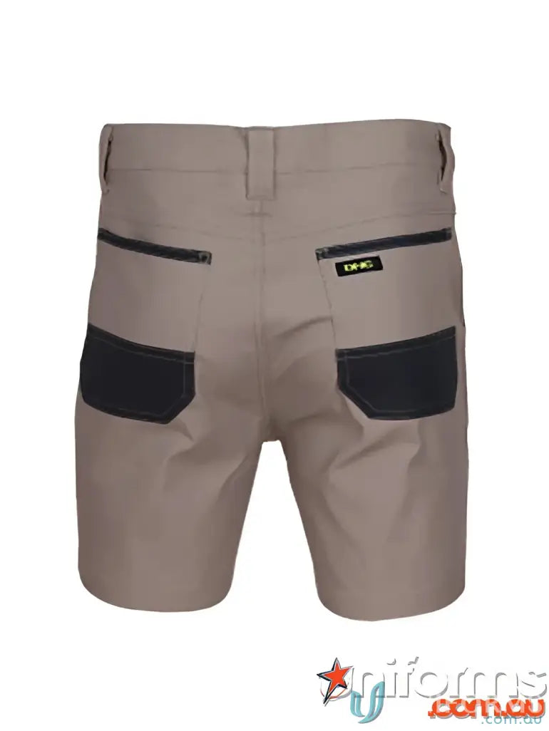 Khaki SlimFlex Tradie Shorts with black reinforced pockets for durable workwear