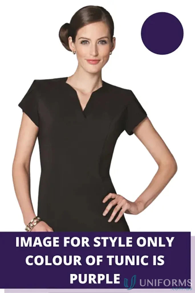Woman in a stylish black spa tunic from the Smart No-Collar Beauty & Spa Tunic line