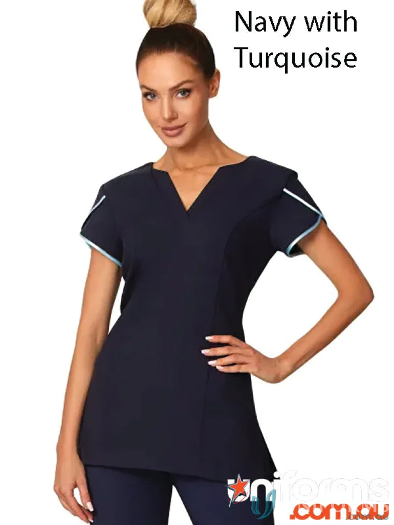 Navy and turquoise Smart No Collar Tunic workwear for professional uniforms
