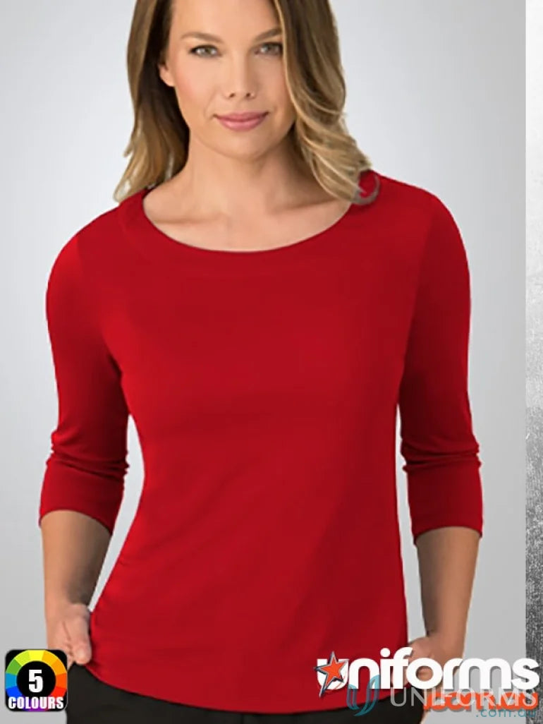 Red long-sleeved scoop neck Smartknit Top perfect for workwear and comfortable stretch