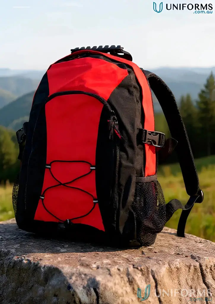 Red and black Smartpack Backpack with bungee cords and mesh pockets for your winning spirit and personal style