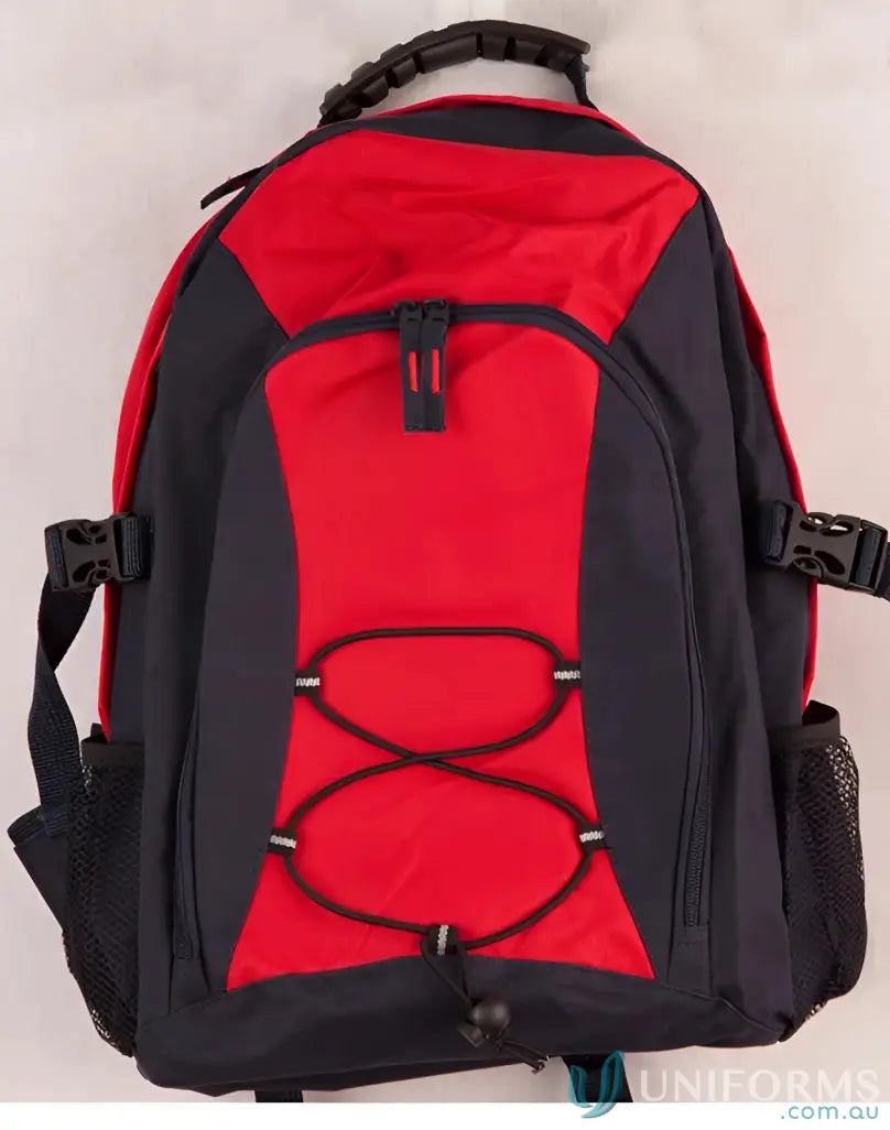 Red and black Smartpack Backpack with bungee cords and mesh pockets for personal style
