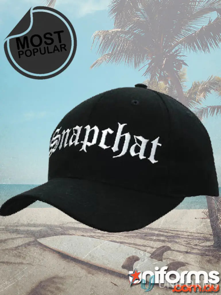 Black SnapBack Cap with Snapchat imprint in white Old English script, high stock range