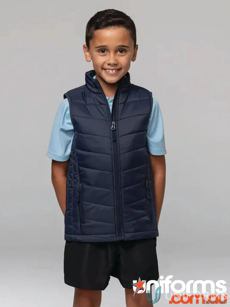 Child’s navy puffer vest from Snowy Kids Vests, perfect for snowy days and uniforms