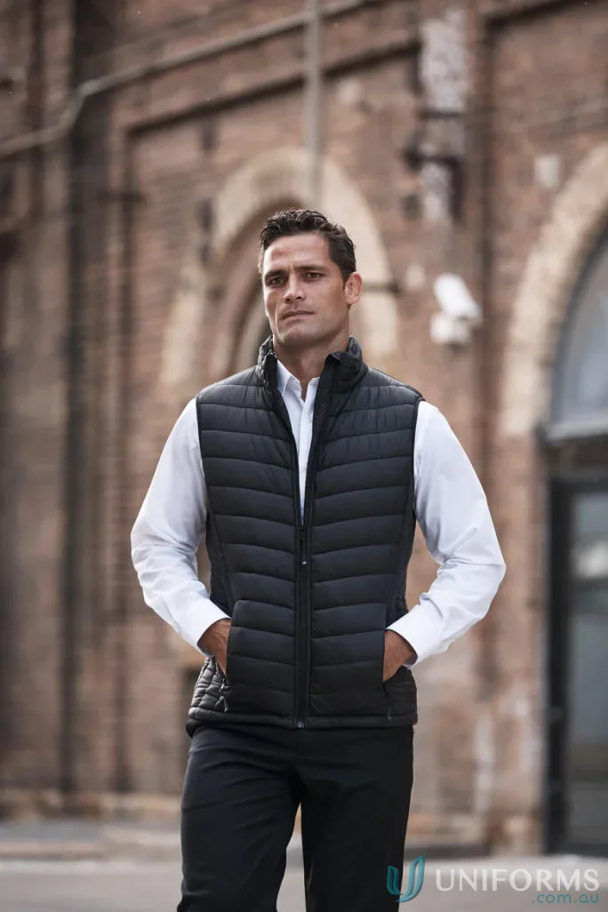 Black quilted vest from Snowy Mens Vests, a stylish padded nylon jacket option