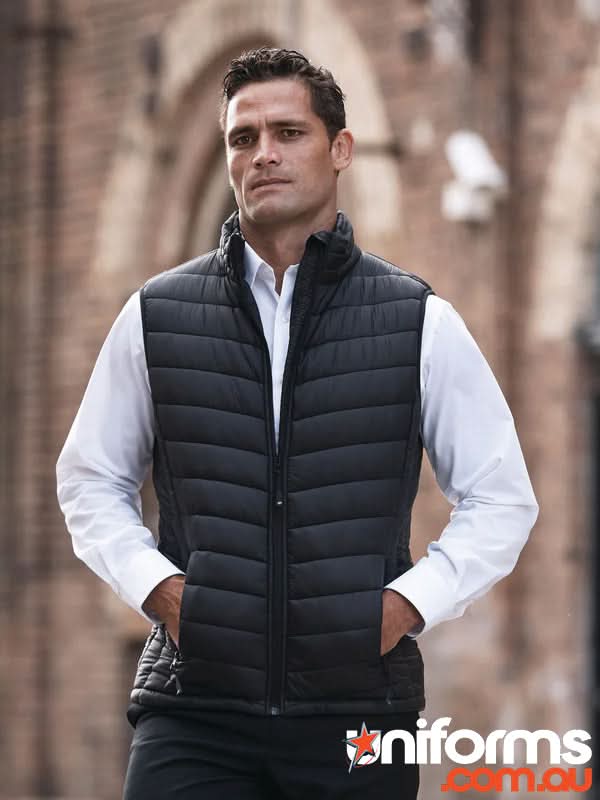 Black quilted vest from Snowy Mens Vests, stylish padded nylon jacket for warmth
