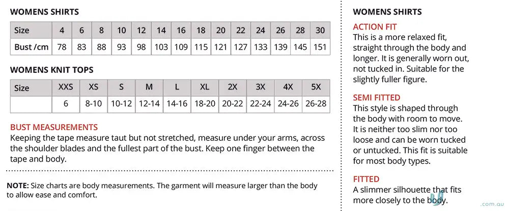 SoEzy Top clothing size chart and fit guide for work uniforms and workwear